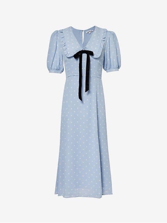Reformation Dresses & Skirts - New Reformation Blue Puff-Sleeve Polka Dot Midi Dress with Bow size 10